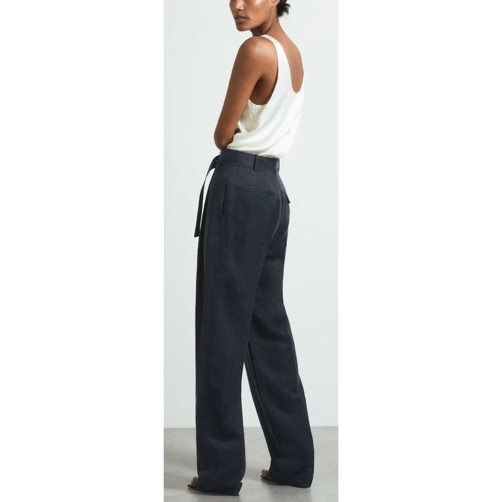 Reiss Atelier Olivia Navy Cupro Belted Pleated Trousers 6 Wide Leg High Rise